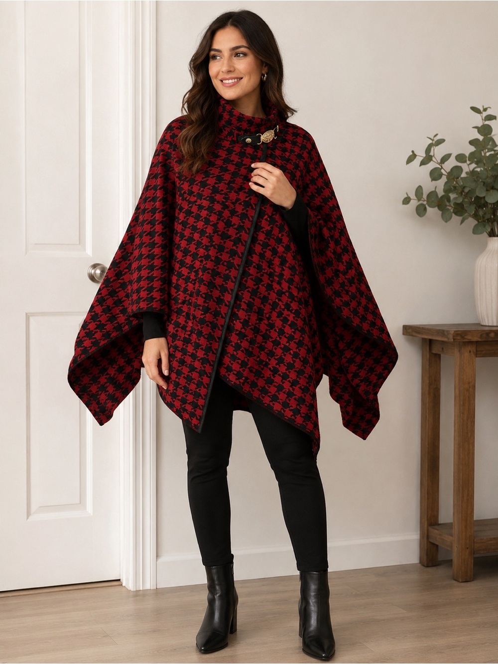Anne Klein Red and Black Houndstooth Cape
